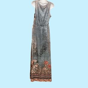 Floral Sleeveless Maxi Dress Green Pink Intricate Border Side Slit & Pockets!